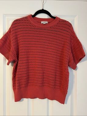 LOFT Coral Open-Knit Short Sleeve Sweater